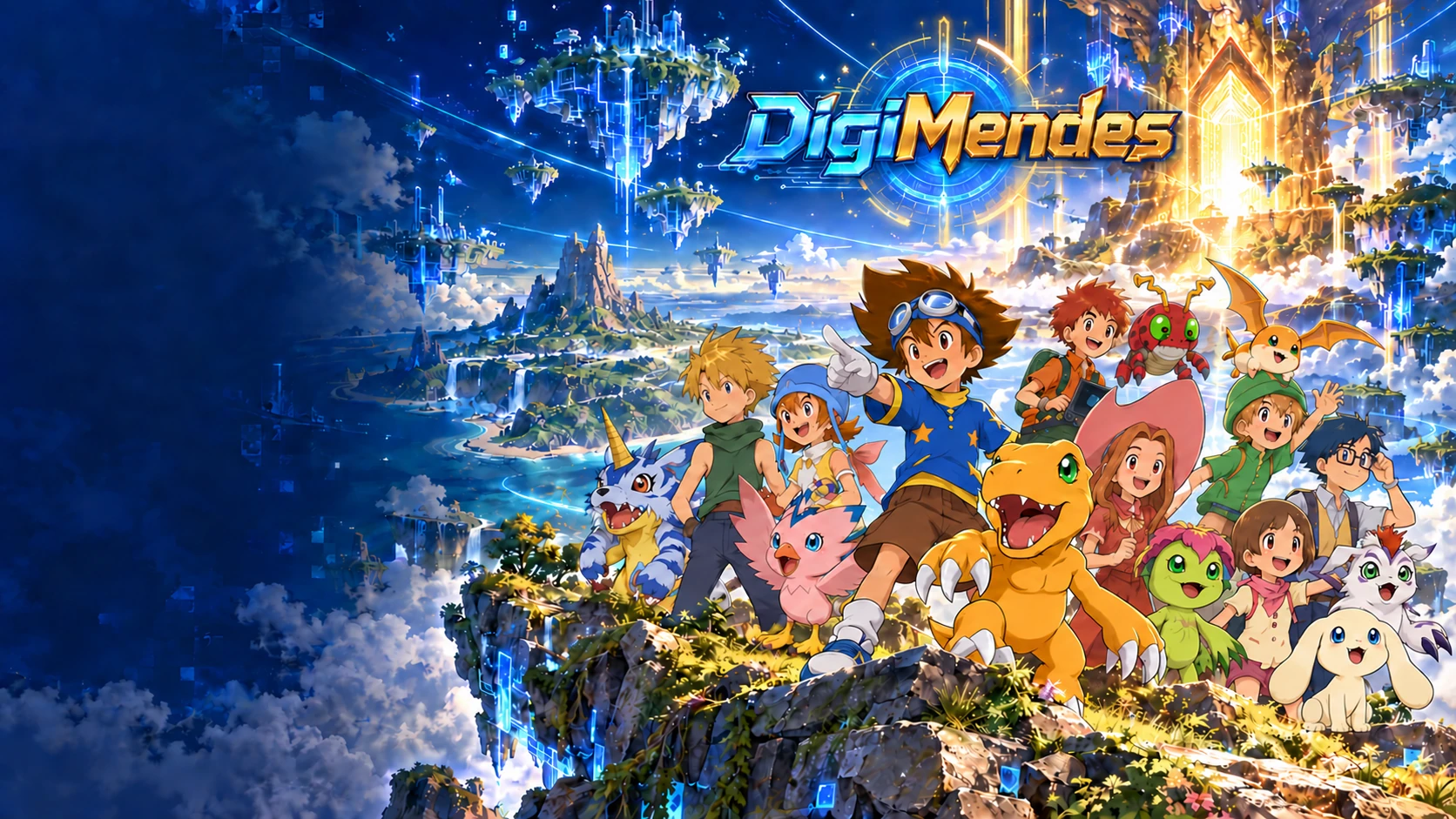 Os oito Tamers e seus parceiros reunidos no Mundo Digital