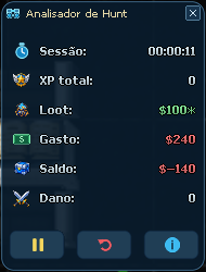 Resumo lateral do Analisador de Hunt com tempo, experiência, dano e resultado da sessão.