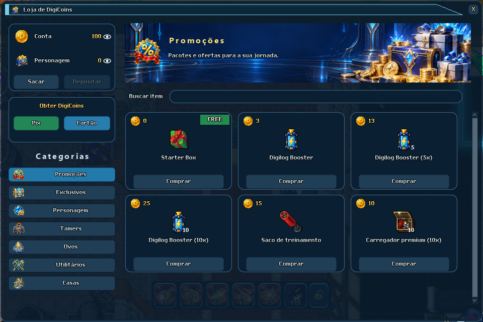 Loja de DigiCoins na categoria Promoções com o Starter Box FREE em primeiro lugar.